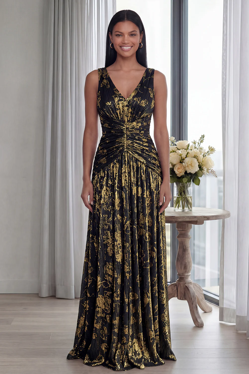 Dusty Rose A Line V Neck Pleated Long Evening Dress - Image 5