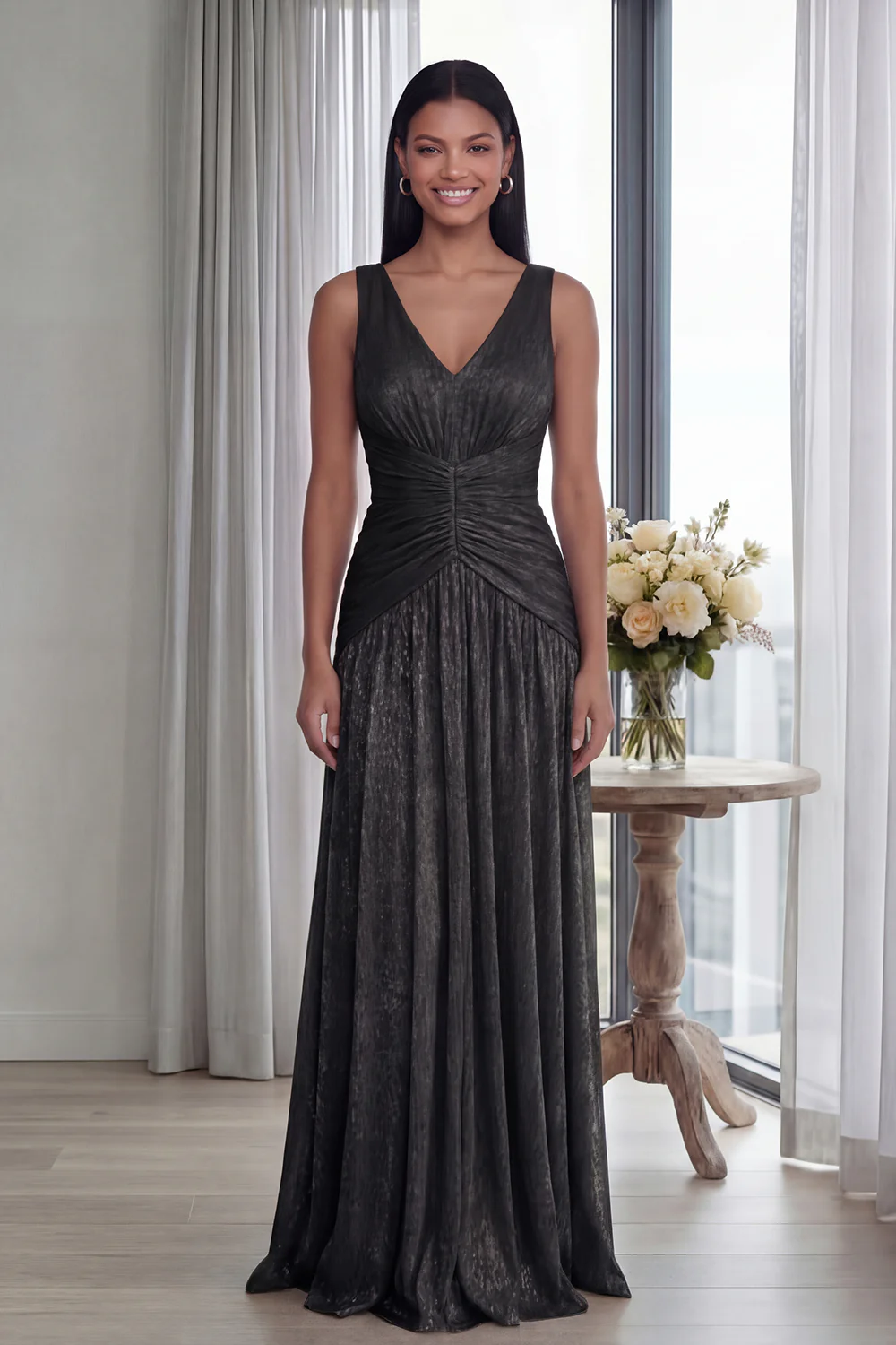 Dusty Rose A Line V Neck Pleated Long Evening Dress - Image 6