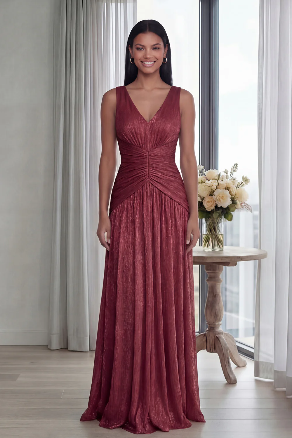 Dusty Rose A Line V Neck Pleated Long Evening Dress - Image 7