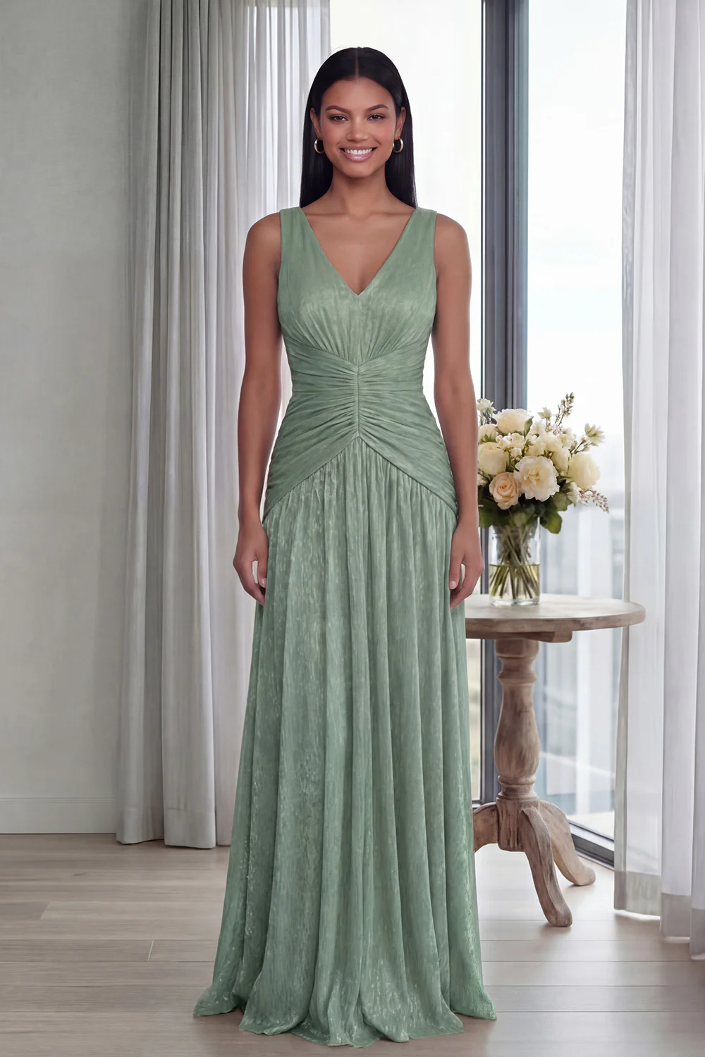 Dusty Rose A Line V Neck Pleated Long Evening Dress - Image 8