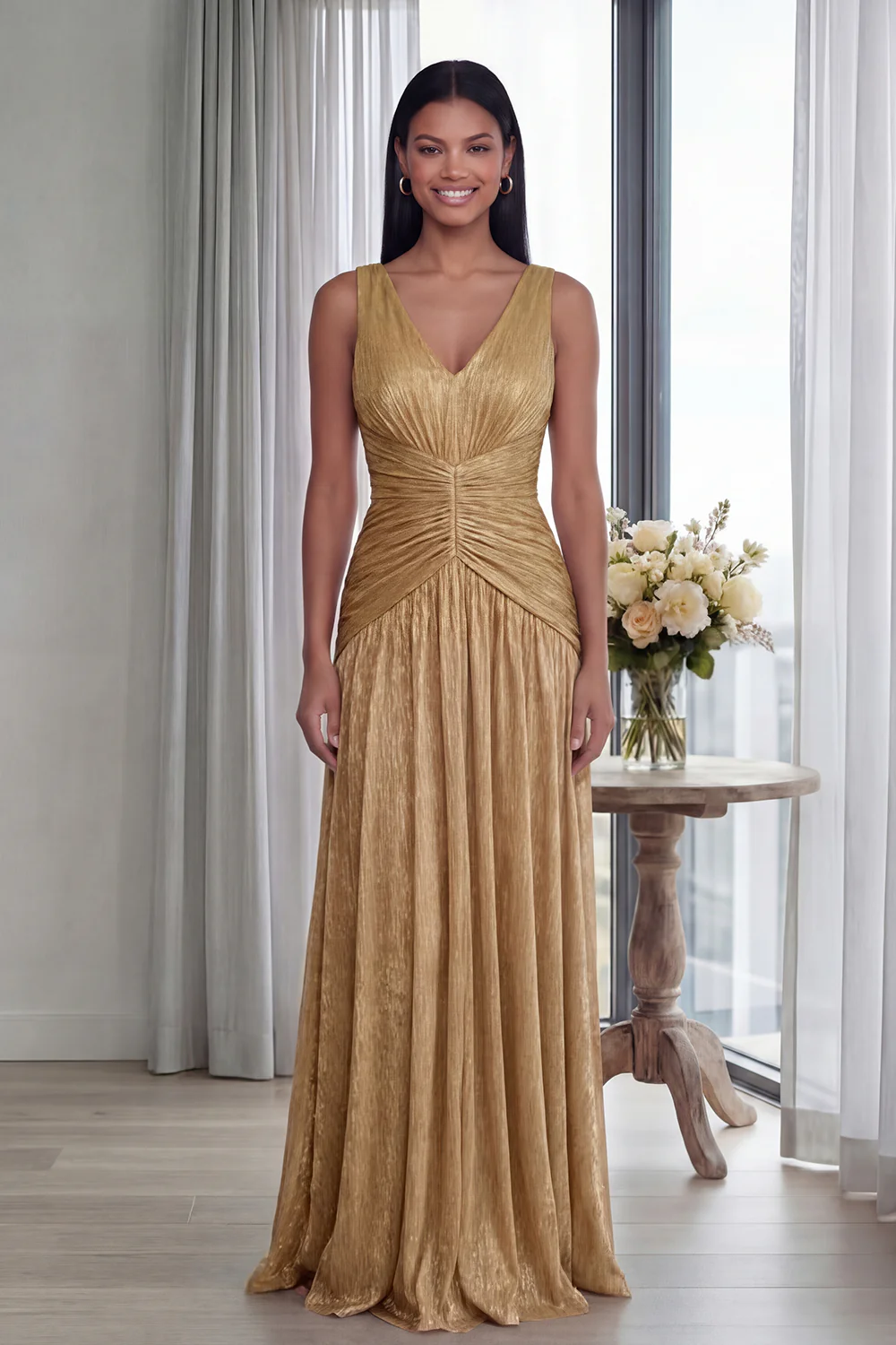 Dusty Rose A Line V Neck Pleated Long Evening Dress - Image 9