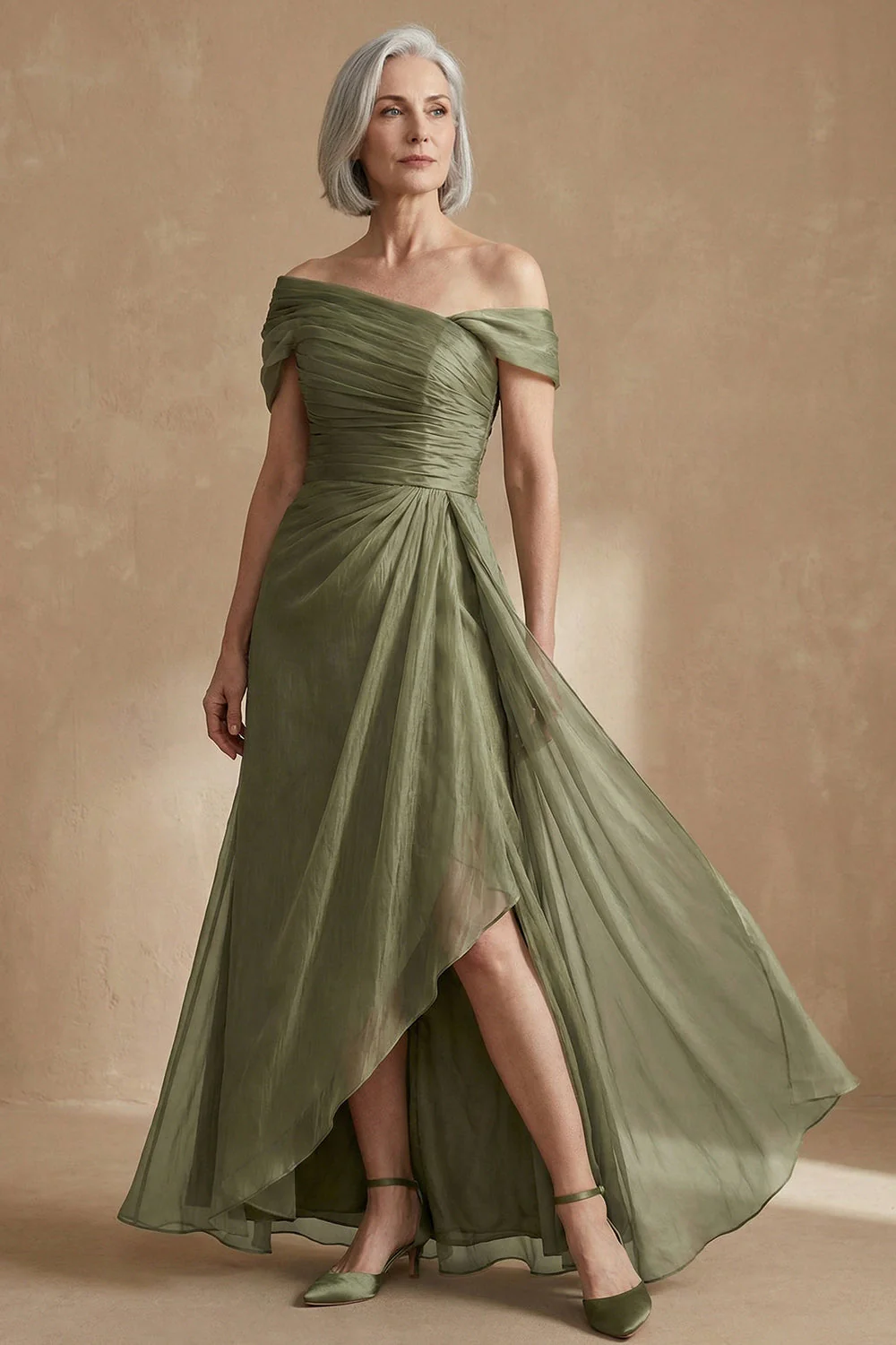 Dusty Sage A Line Asymmetrical Convertible Mother of the Bride Dress with Wrap - Image 3