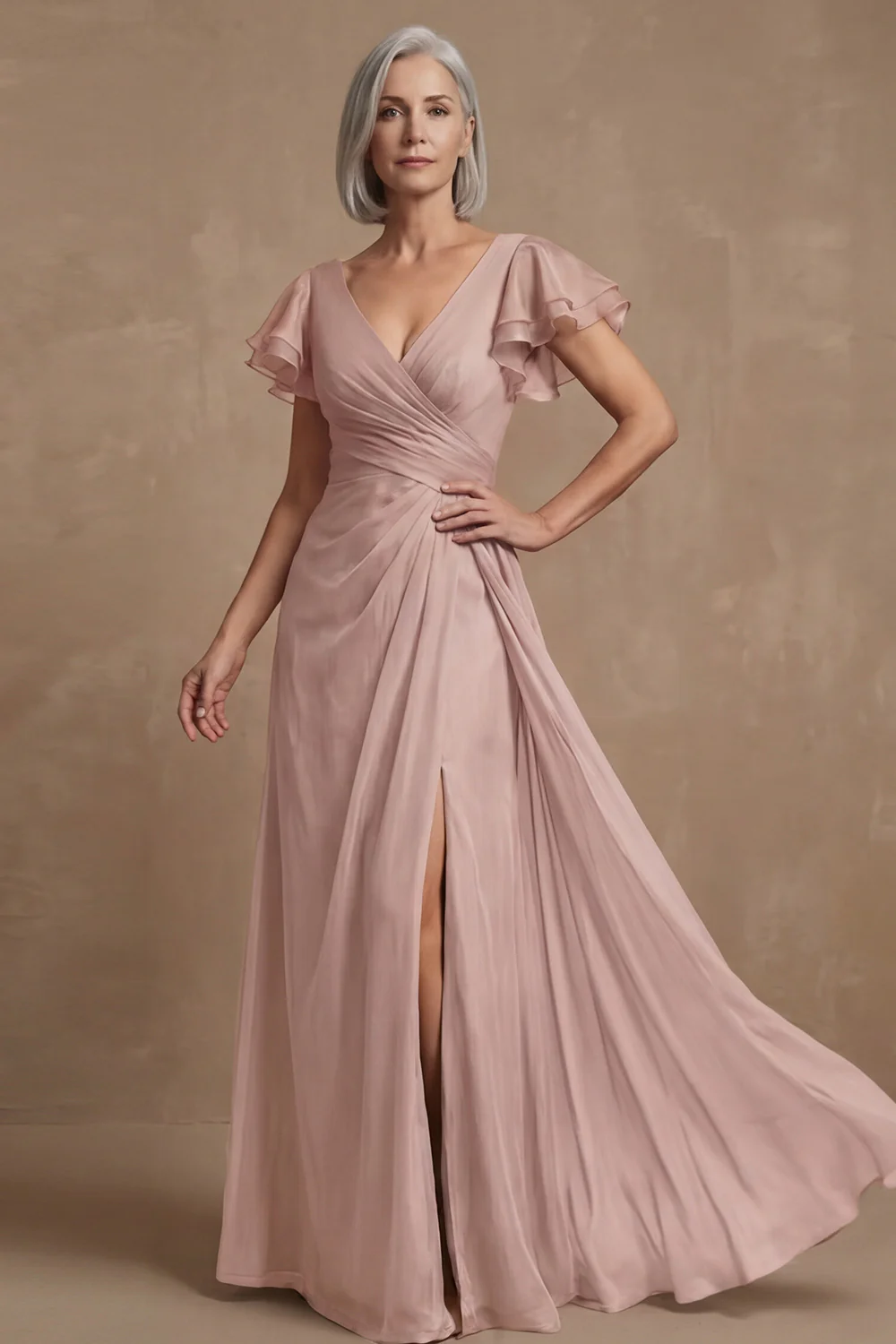 Dusty Sage A Line Flutter Sleeves Ruched Mother of the Bride Dress with Slit - Image 10