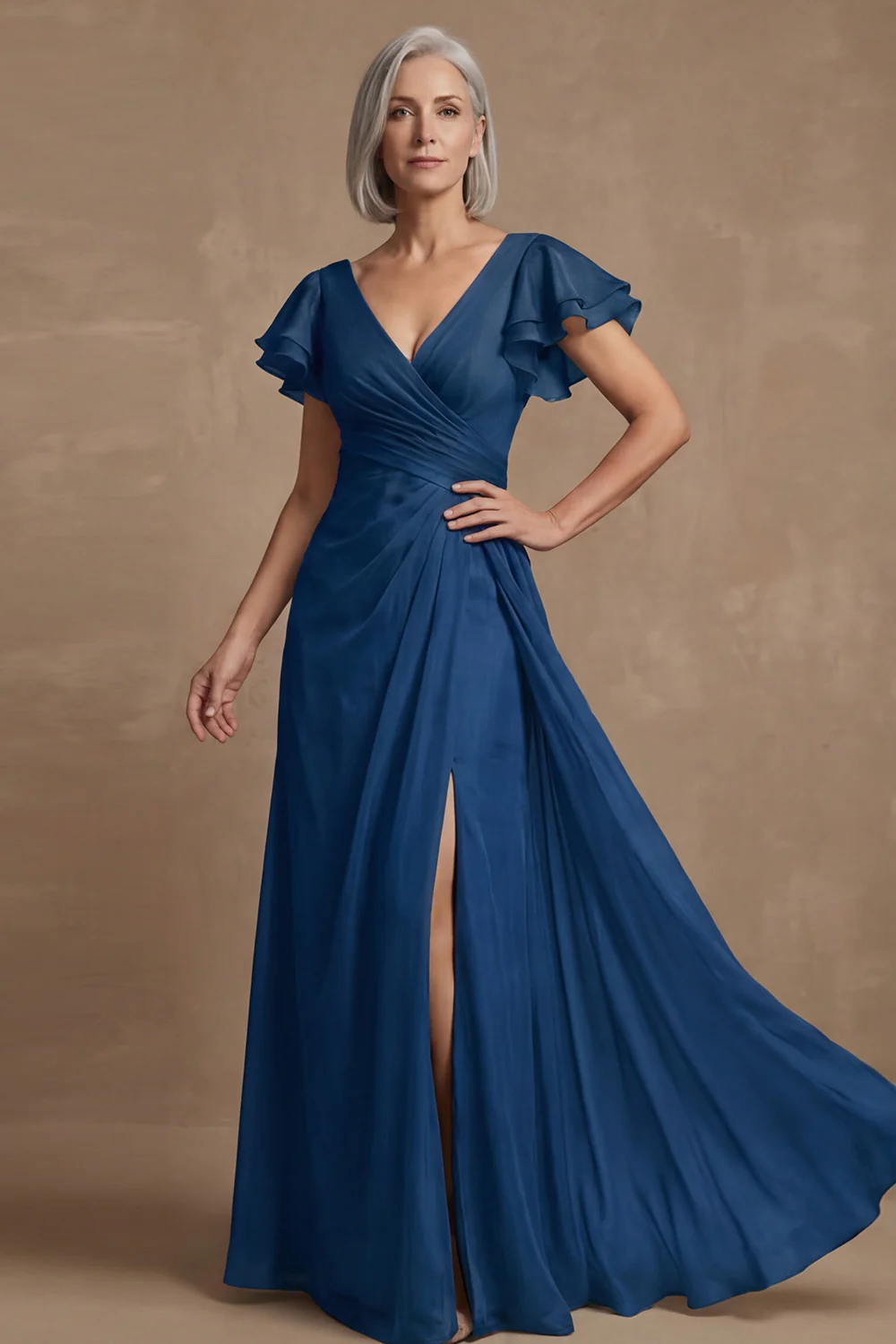 Dusty Sage A Line Flutter Sleeves Ruched Mother of the Bride Dress with Slit - Image 11