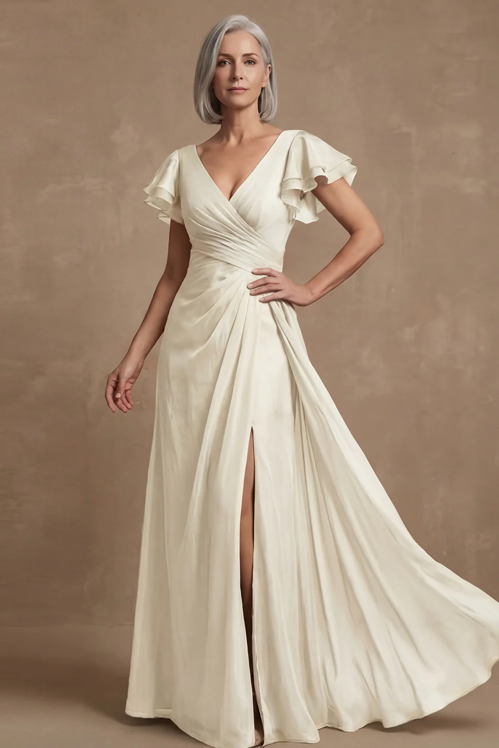 Dusty Sage A Line Flutter Sleeves Ruched Mother of the Bride Dress with Slit - Image 12