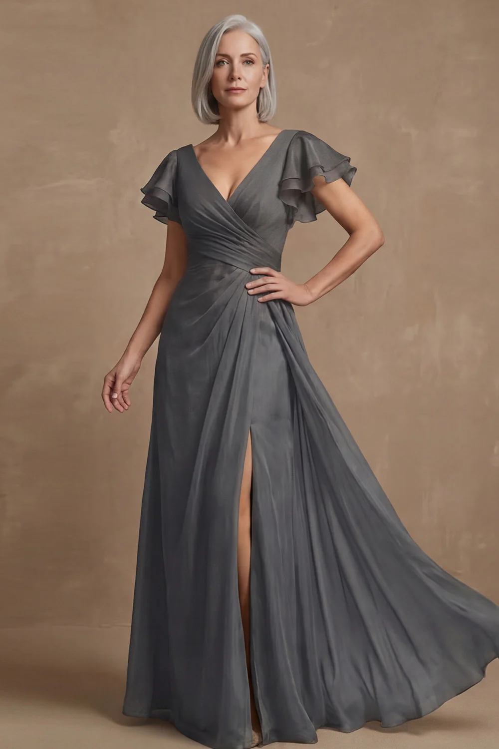 Dusty Sage A Line Flutter Sleeves Ruched Mother of the Bride Dress with Slit - Image 13