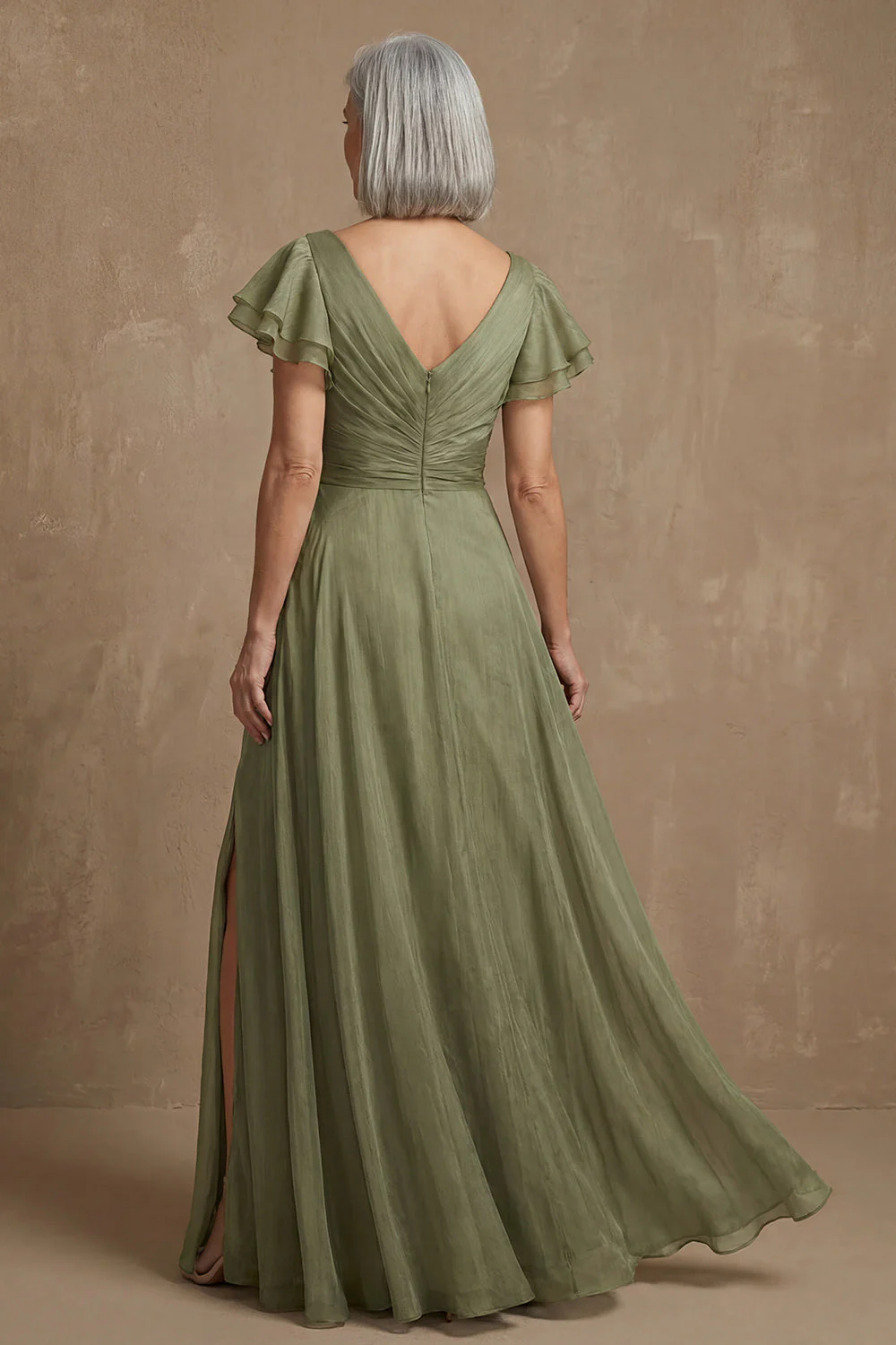 Dusty Sage A Line Flutter Sleeves Ruched Mother of the Bride Dress with Slit - Image 2
