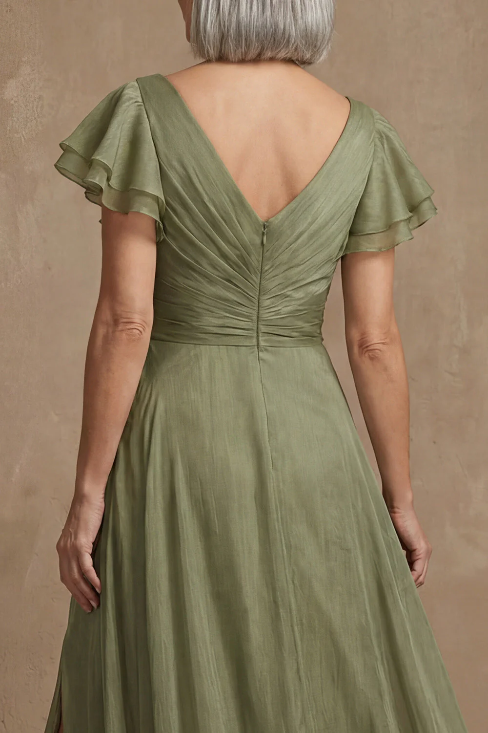 Dusty Sage A Line Flutter Sleeves Ruched Mother of the Bride Dress with Slit - Image 4