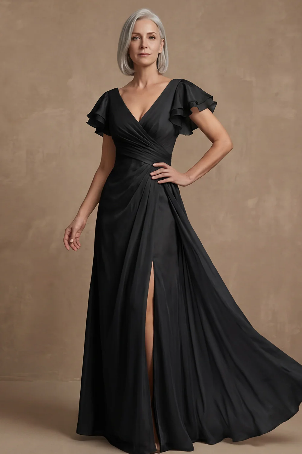 Dusty Sage A Line Flutter Sleeves Ruched Mother of the Bride Dress with Slit - Image 5