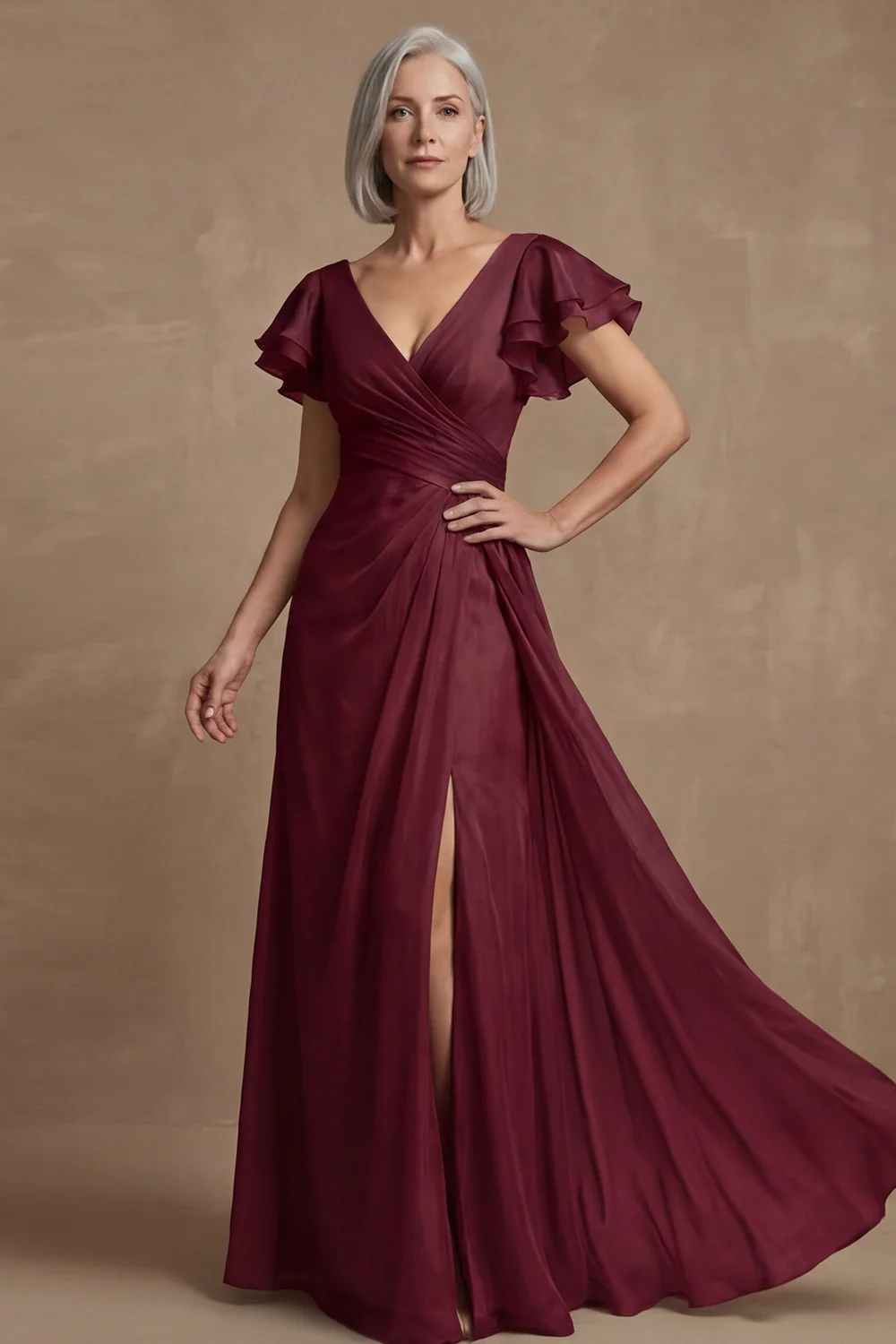 Dusty Sage A Line Flutter Sleeves Ruched Mother of the Bride Dress with Slit - Image 6