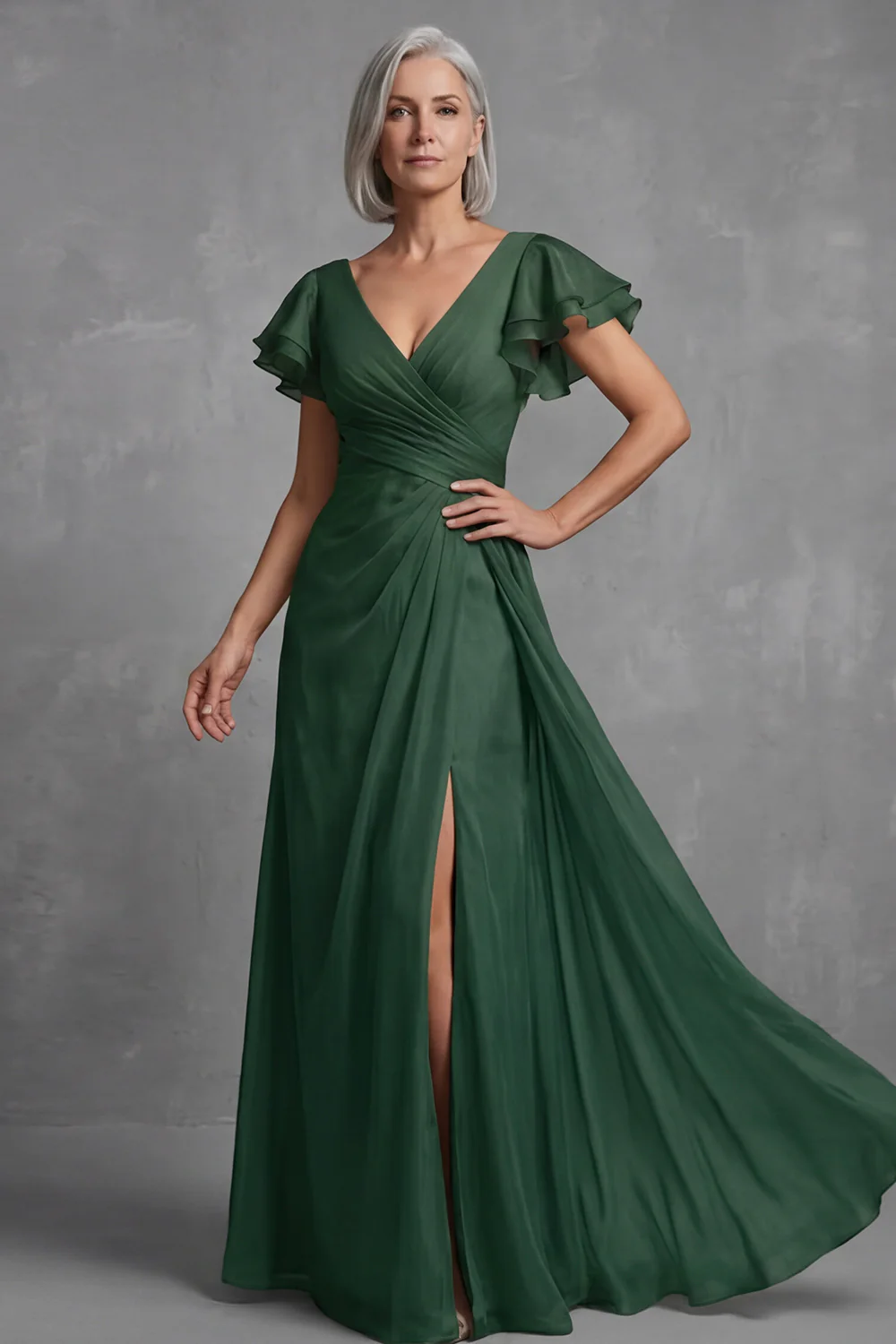 Dusty Sage A Line Flutter Sleeves Ruched Mother of the Bride Dress with Slit - Image 7