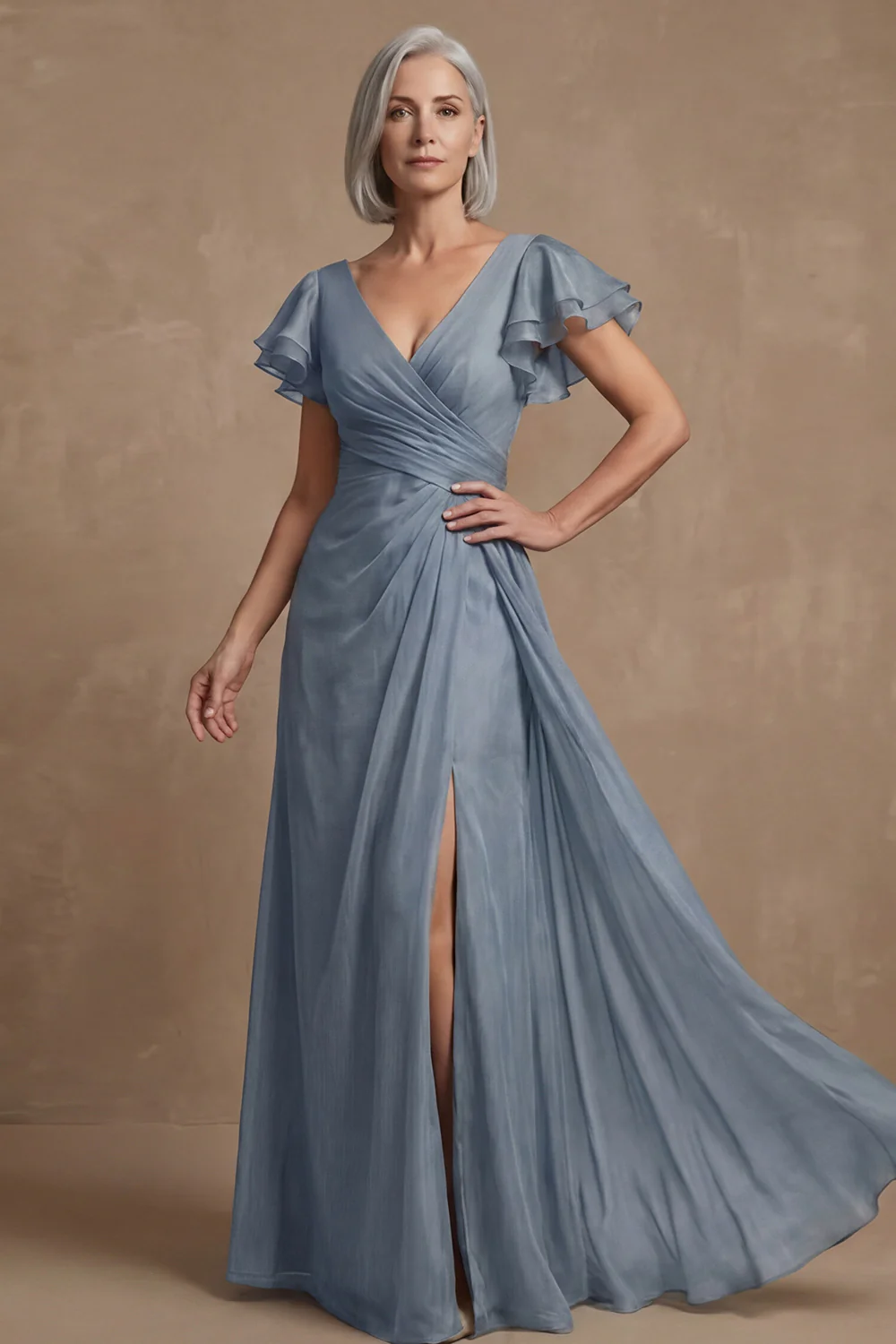 Dusty Sage A Line Flutter Sleeves Ruched Mother of the Bride Dress with Slit - Image 8