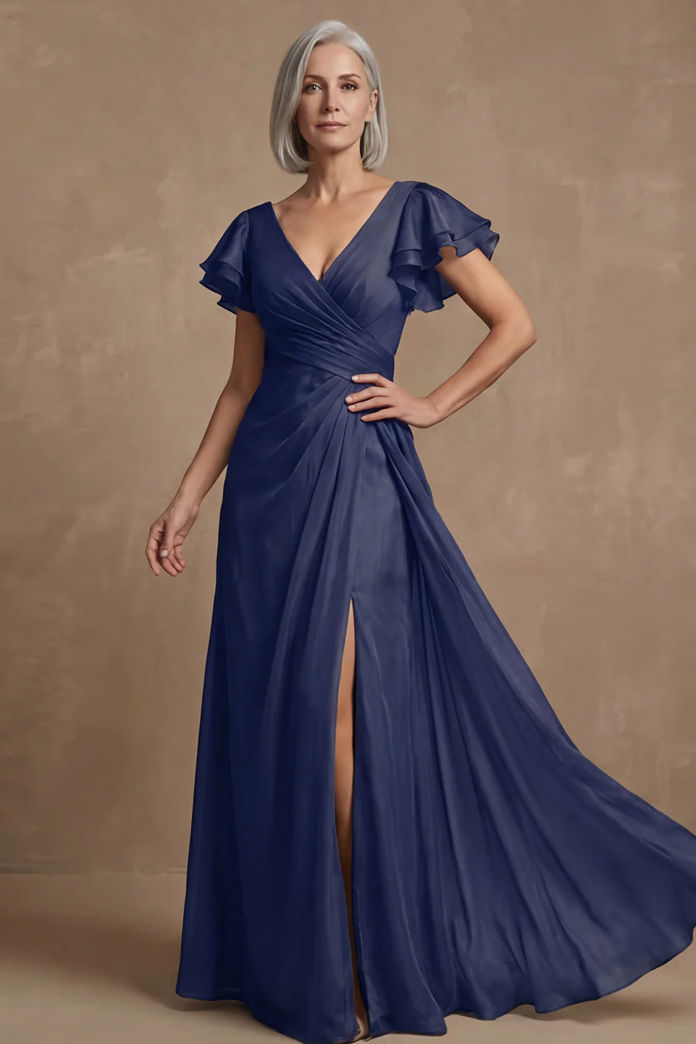 Dusty Sage A Line Flutter Sleeves Ruched Mother of the Bride Dress with Slit - Image 9