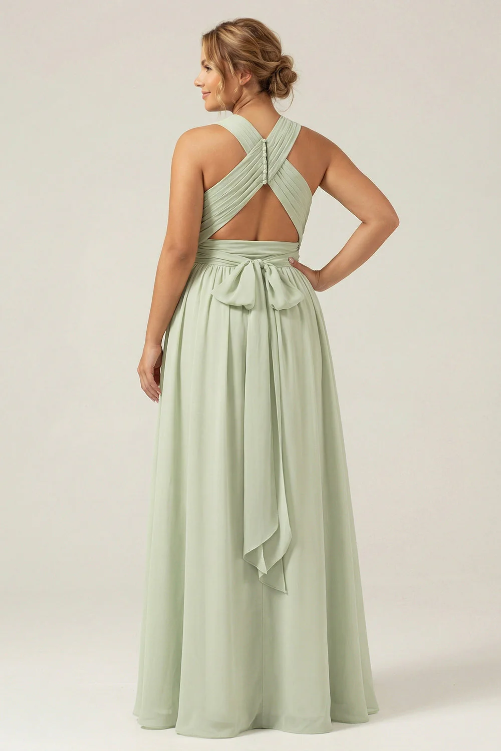 Dusty Sage A Line Halter Chiffon Pleated Long Plus Size Bridesmaid Dress with Slit - Image 2