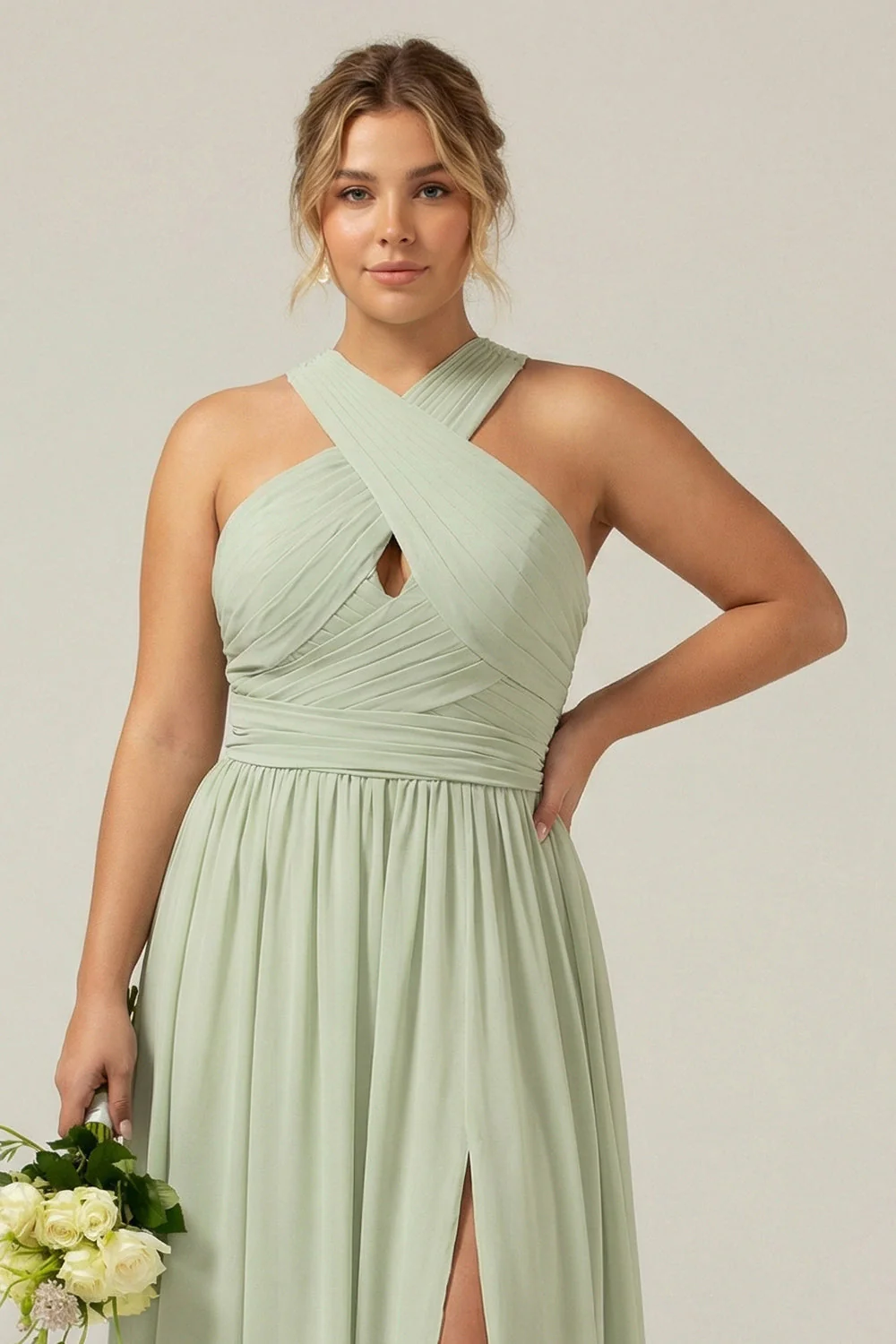 Dusty Sage A Line Halter Chiffon Pleated Long Plus Size Bridesmaid Dress with Slit - Image 3
