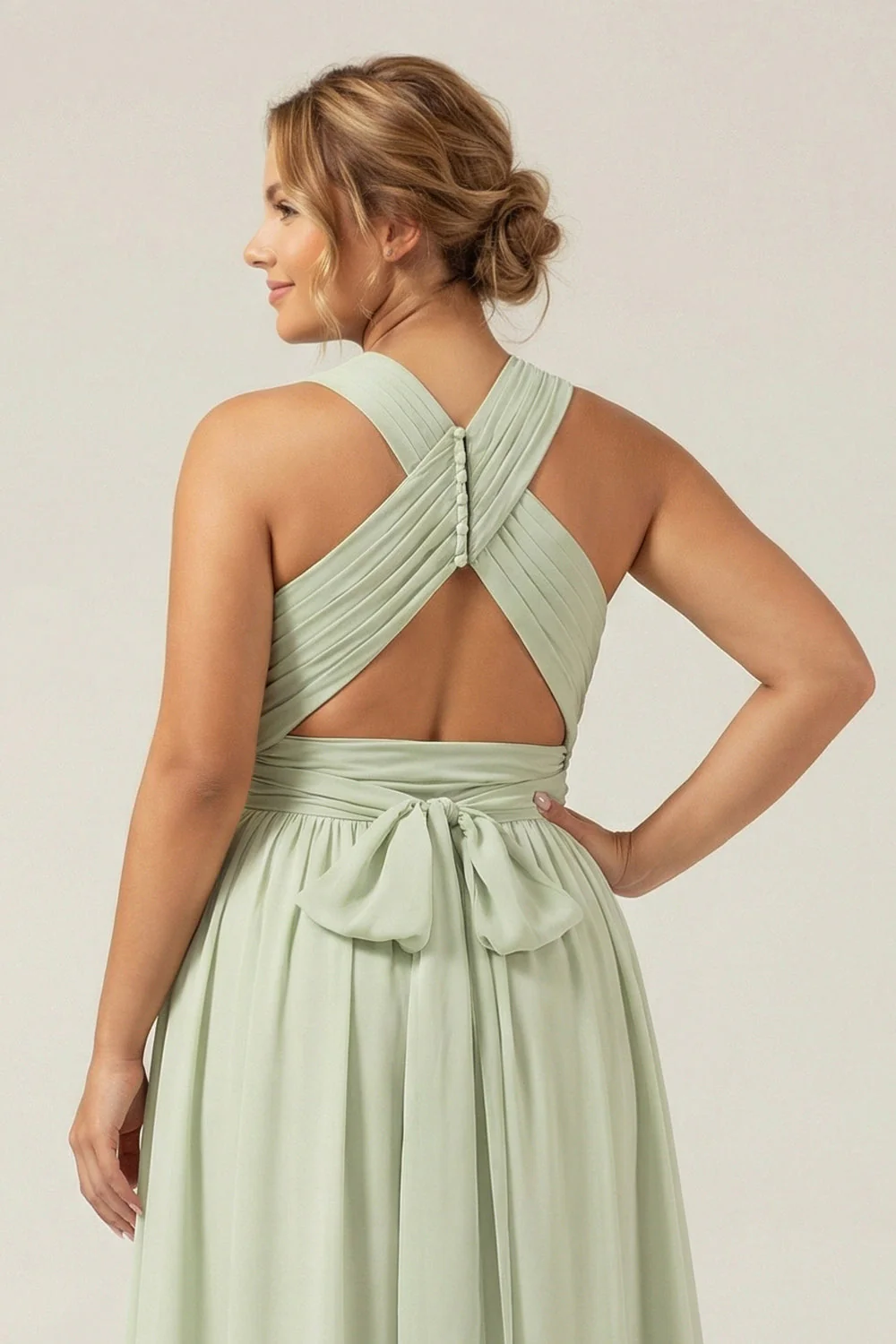 Dusty Sage A Line Halter Chiffon Pleated Long Plus Size Bridesmaid Dress with Slit - Image 4