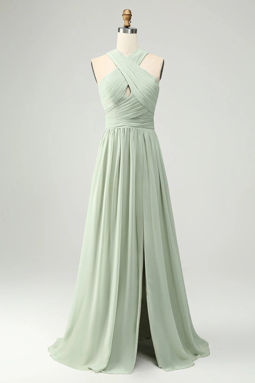 Dusty Sage A Line Halter Chiffon Pleated Long Plus Size Bridesmaid Dress with Slit - Image 5