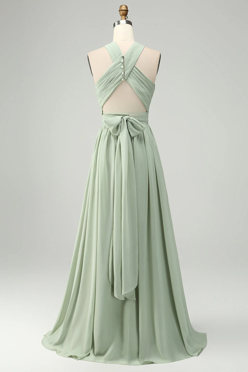 Dusty Sage A Line Halter Chiffon Pleated Long Plus Size Bridesmaid Dress with Slit - Image 6