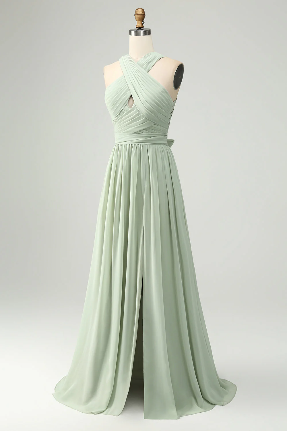 Dusty Sage A Line Halter Chiffon Pleated Long Plus Size Bridesmaid Dress with Slit - Image 7