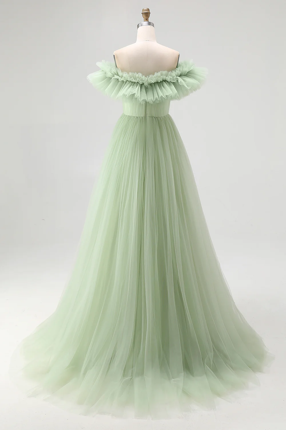 Dusty Sage A Line Off the Shoulder Tulle Prom Dress with Ruffles - Image 2
