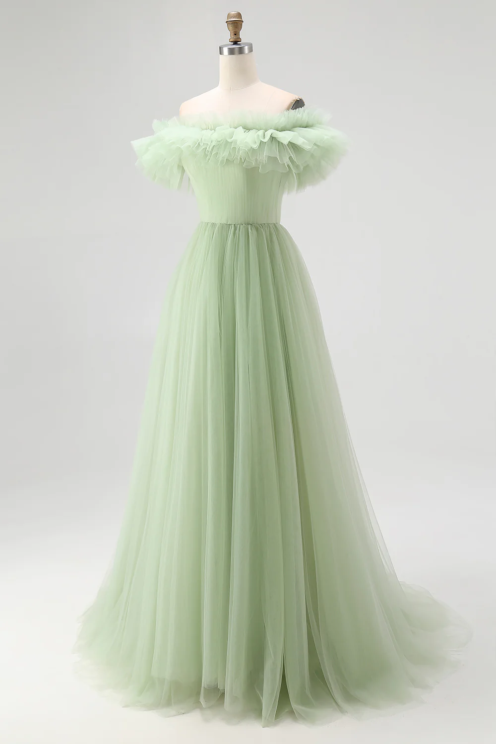 Dusty Sage A Line Off the Shoulder Tulle Prom Dress with Ruffles - Image 3