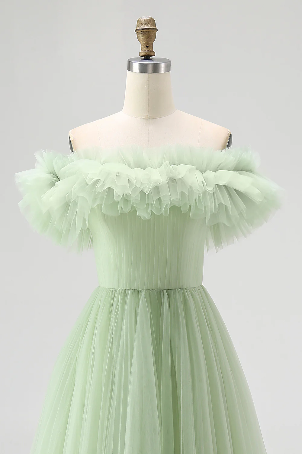 Dusty Sage A Line Off the Shoulder Tulle Prom Dress with Ruffles - Image 4