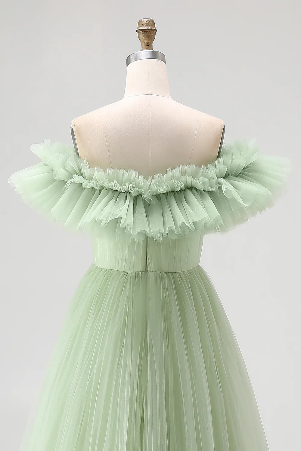 Dusty Sage A Line Off the Shoulder Tulle Prom Dress with Ruffles - Image 5