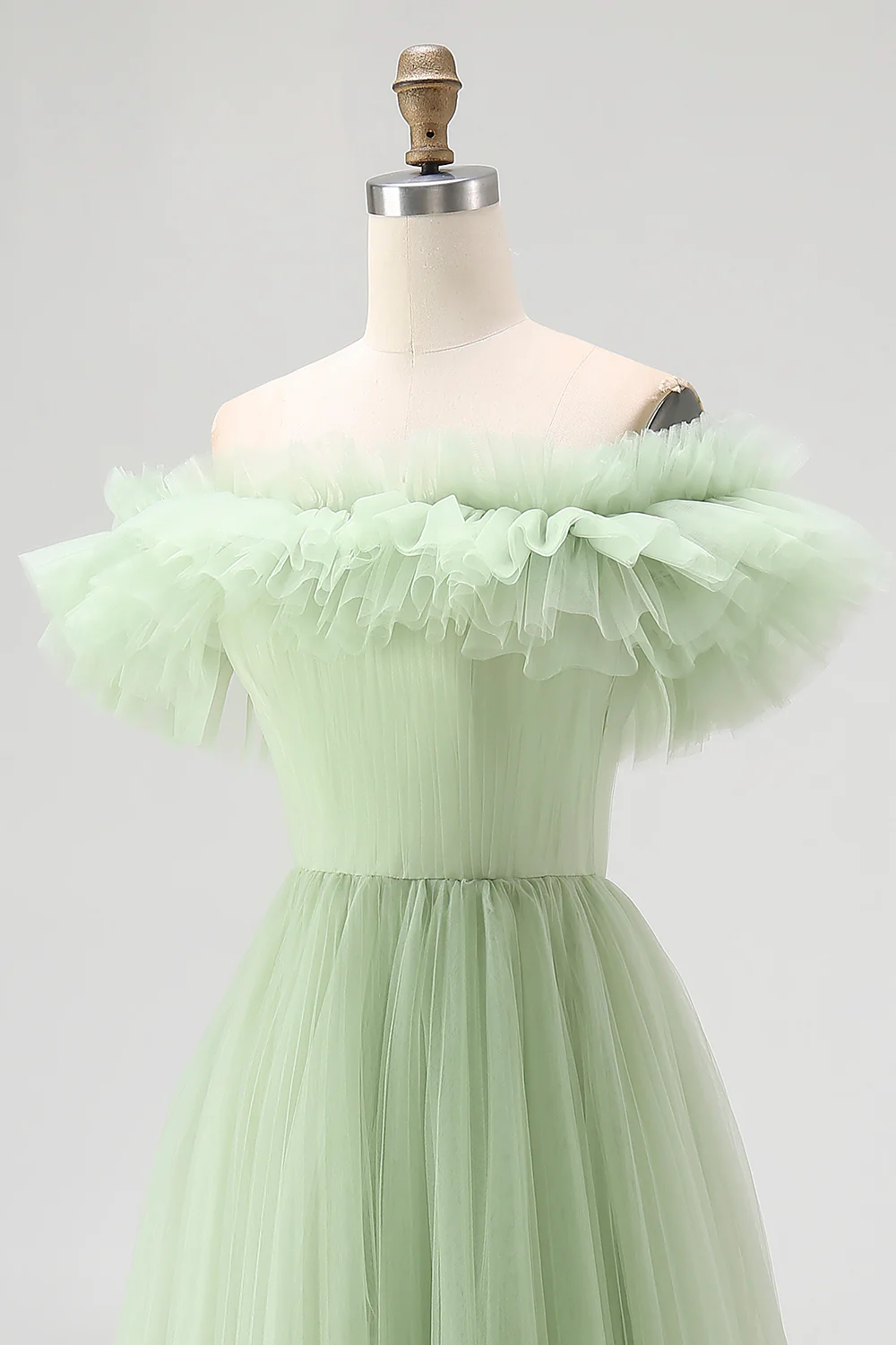 Dusty Sage A Line Off the Shoulder Tulle Prom Dress with Ruffles - Image 6