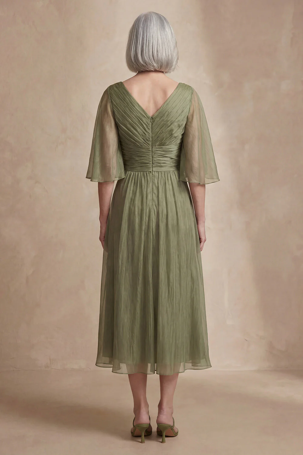 Dusty Sage A Line Pleated Half Sleeves Midi Mother of the Bride Dress - Image 2