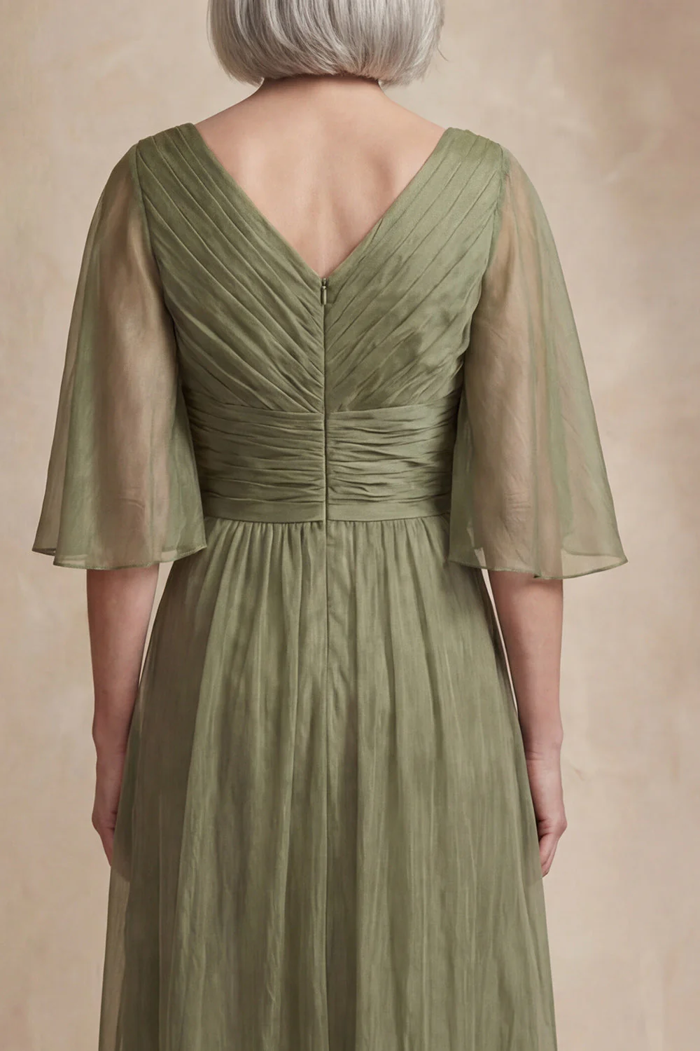 Dusty Sage A Line Pleated Half Sleeves Midi Mother of the Bride Dress - Image 3