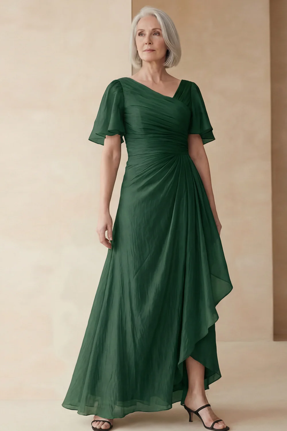 Dusty Sage A Line Ruched Mother of the Bride Dress with Short Sleeves - Image 10