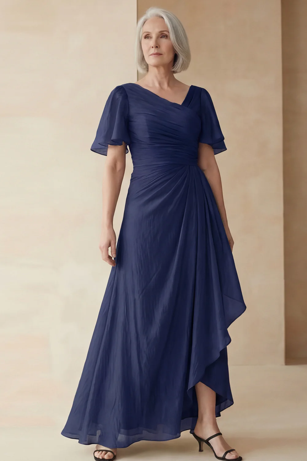 Dusty Sage A Line Ruched Mother of the Bride Dress with Short Sleeves - Image 11