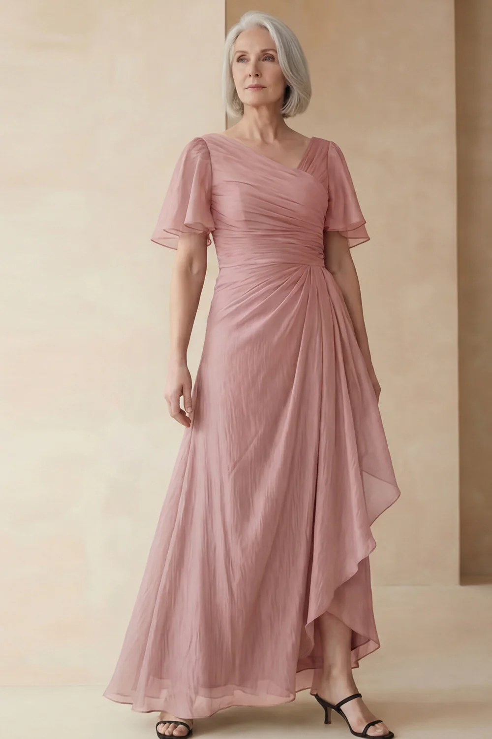 Dusty Sage A Line Ruched Mother of the Bride Dress with Short Sleeves - Image 12
