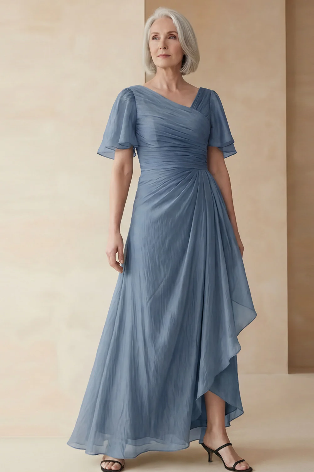 Dusty Sage A Line Ruched Mother of the Bride Dress with Short Sleeves - Image 13