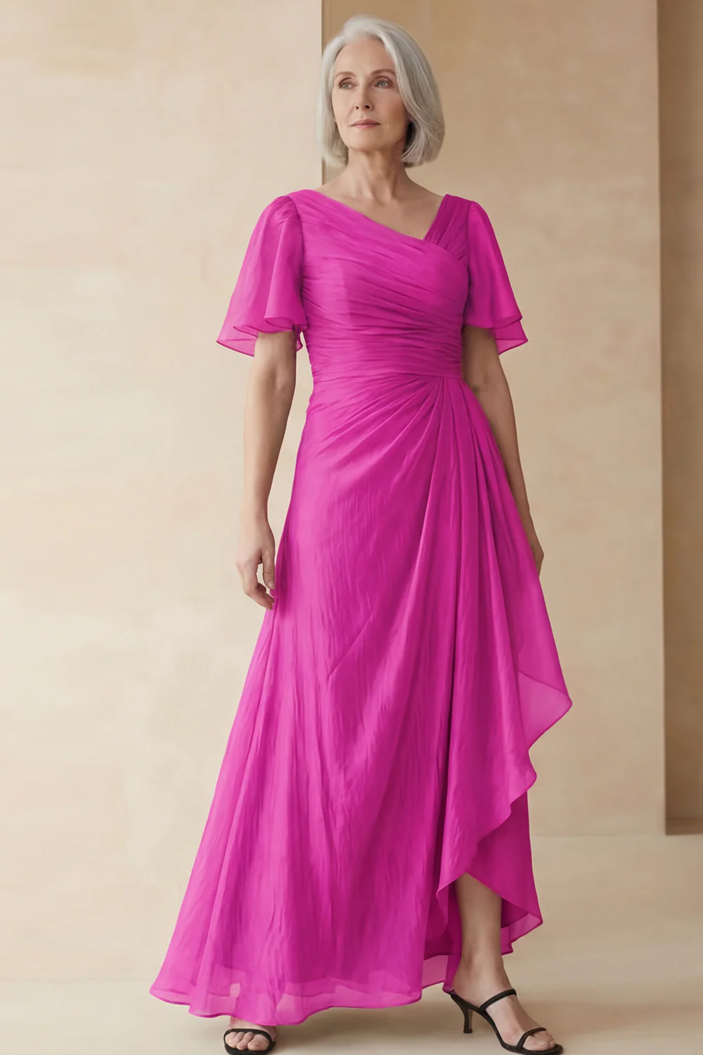 Dusty Sage A Line Ruched Mother of the Bride Dress with Short Sleeves - Image 14