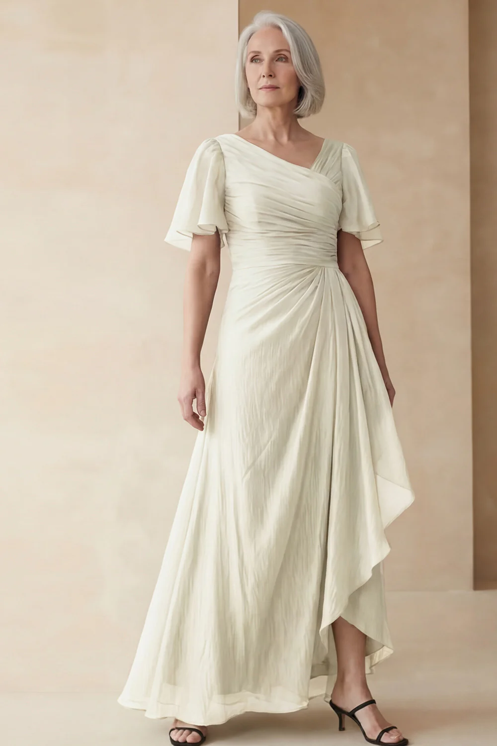 Dusty Sage A Line Ruched Mother of the Bride Dress with Short Sleeves - Image 15