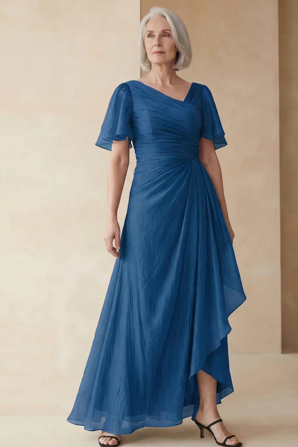 Dusty Sage A Line Ruched Mother of the Bride Dress with Short Sleeves - Image 16
