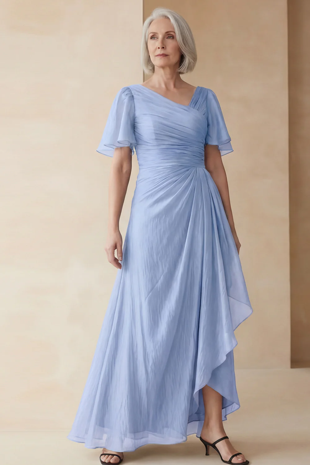 Dusty Sage A Line Ruched Mother of the Bride Dress with Short Sleeves - Image 17