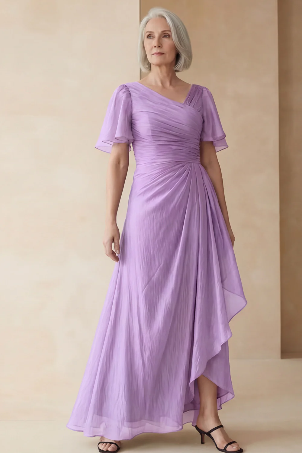 Dusty Sage A Line Ruched Mother of the Bride Dress with Short Sleeves - Image 18