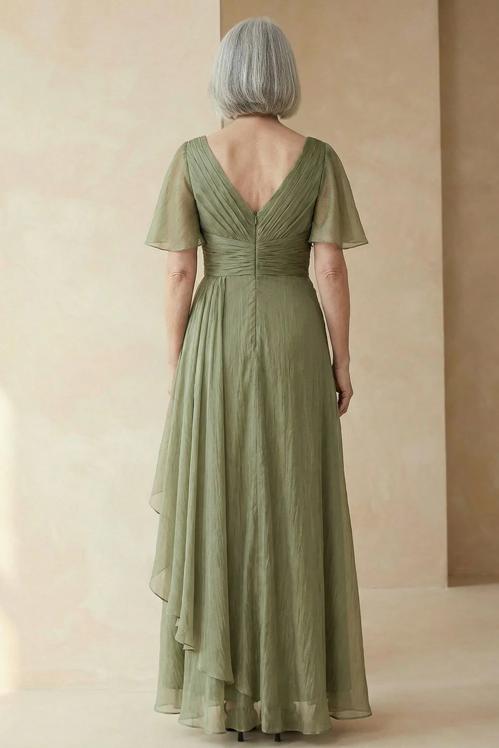 Dusty Sage A Line Ruched Mother of the Bride Dress with Short Sleeves - Image 2