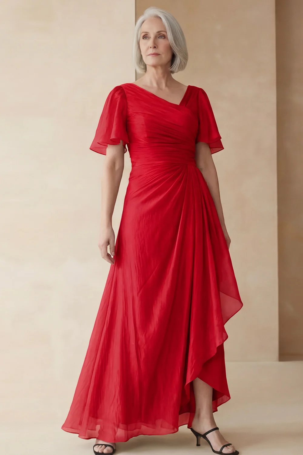 Dusty Sage A Line Ruched Mother of the Bride Dress with Short Sleeves - Image 20