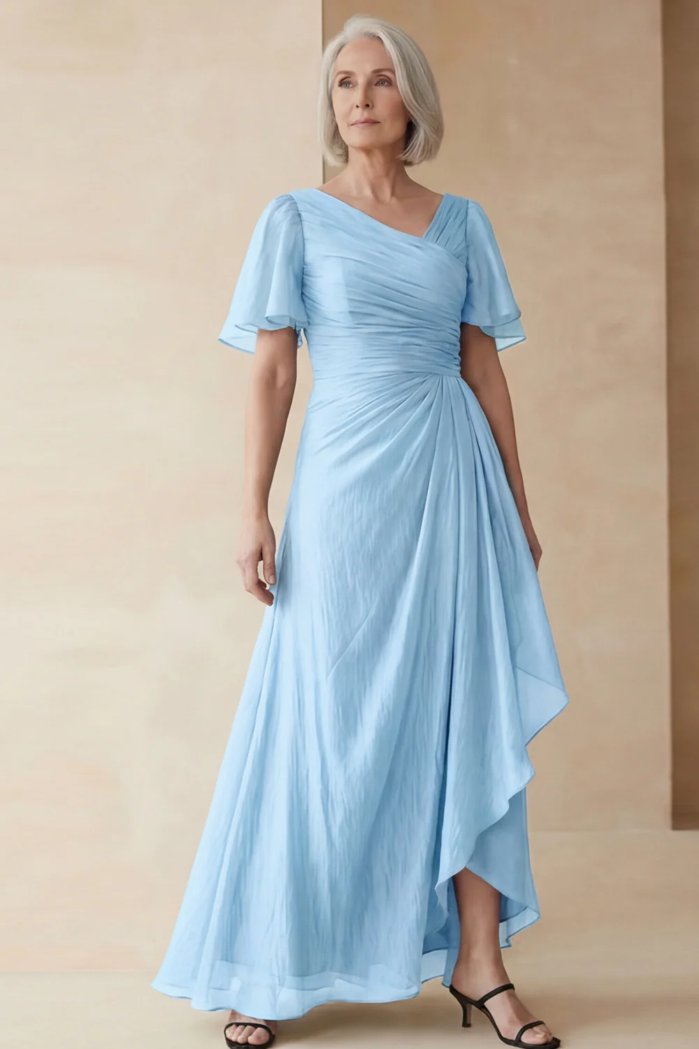 Dusty Sage A Line Ruched Mother of the Bride Dress with Short Sleeves - Image 21