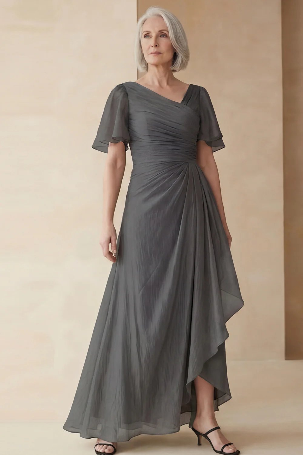 Dusty Sage A Line Ruched Mother of the Bride Dress with Short Sleeves - Image 22