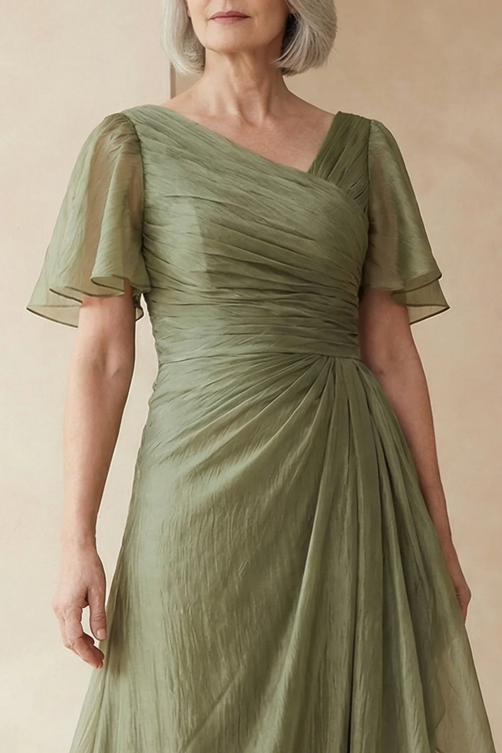 Dusty Sage A Line Ruched Mother of the Bride Dress with Short Sleeves - Image 3