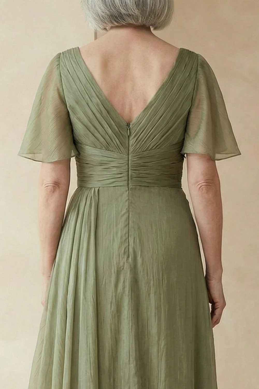 Dusty Sage A Line Ruched Mother of the Bride Dress with Short Sleeves - Image 4