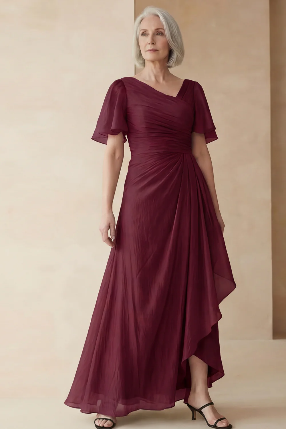 Dusty Sage A Line Ruched Mother of the Bride Dress with Short Sleeves - Image 6