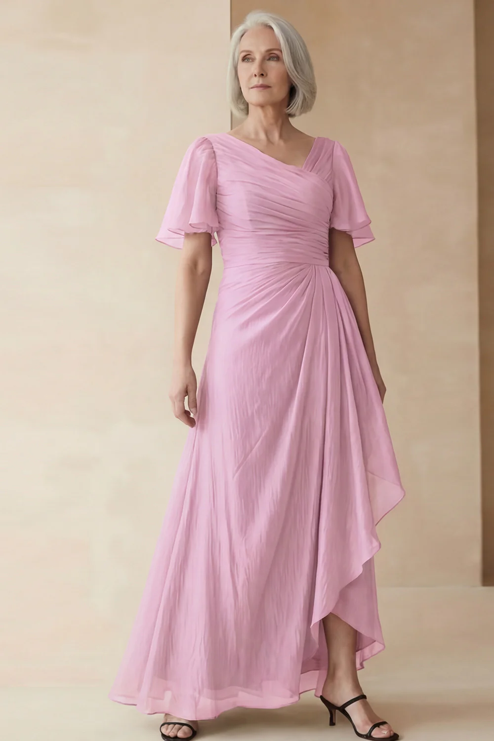 Dusty Sage A Line Ruched Mother of the Bride Dress with Short Sleeves - Image 7