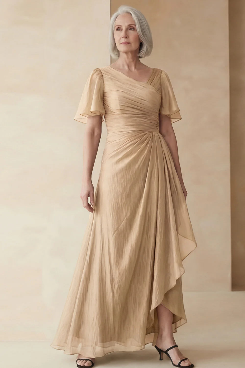 Dusty Sage A Line Ruched Mother of the Bride Dress with Short Sleeves - Image 8