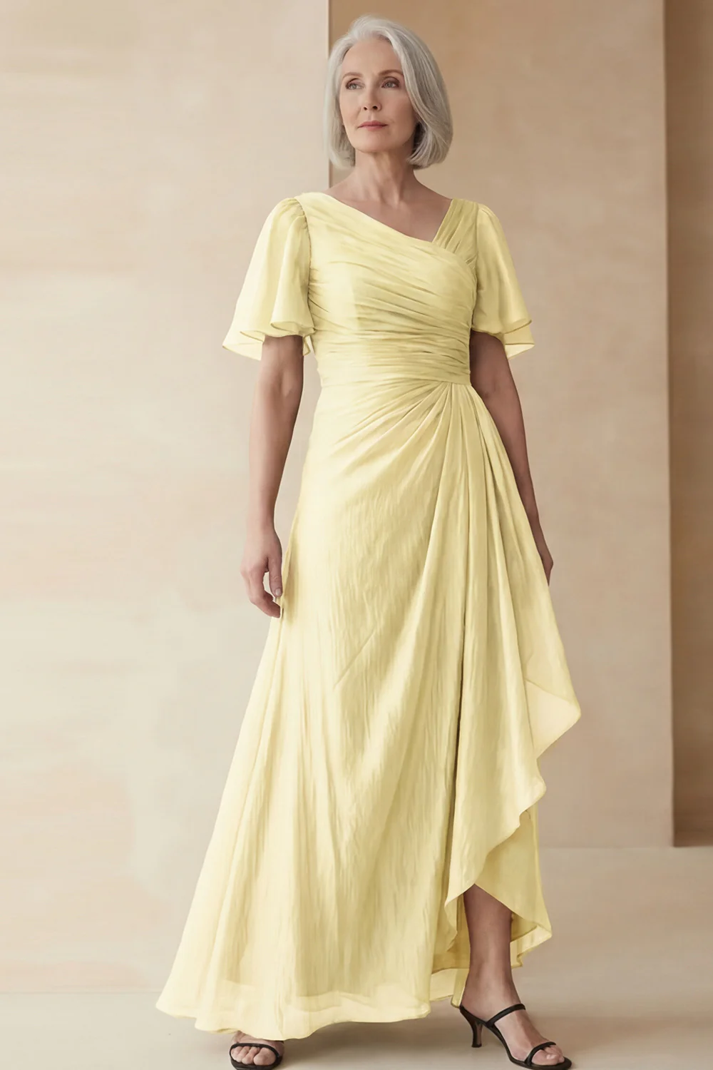 Dusty Sage A Line Ruched Mother of the Bride Dress with Short Sleeves - Image 9