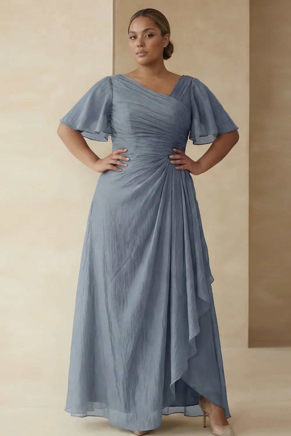 Dusty Sage A Line Ruched Short Sleeves Plus Size Mother Of The Bride Dress with Ruffles - Image 10